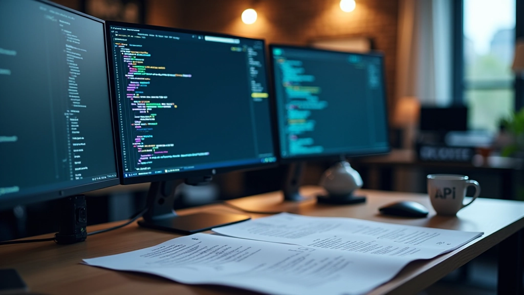 Kūrėjo darbo vieta su keliais monitoriais, kuriuose rodomos programavimo kodo eilutės ir API dokumentacija