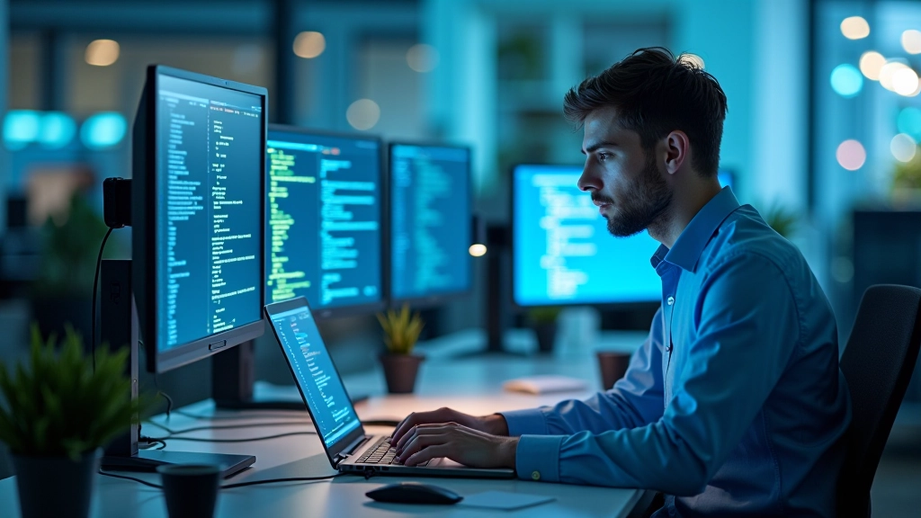 IT specialistas prie kompiuterio, integruojantis pokalbių robotą su CRM sistema