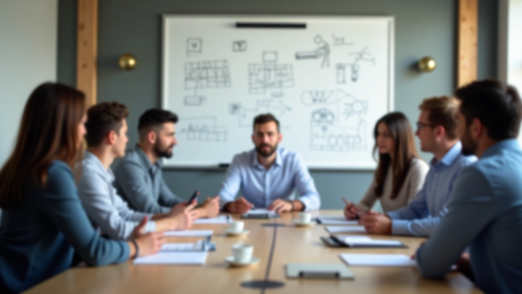 Komanda posėdžiauja šiuolaikiniame konferencijų kambaryje, kurie diskutuoja ir žiūri į whiteboard